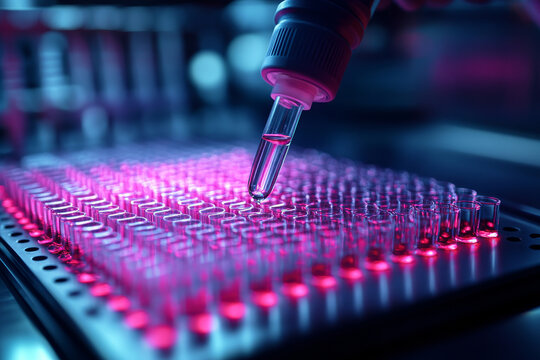 Dropping liquid into test tubes in vibrant biolab setting