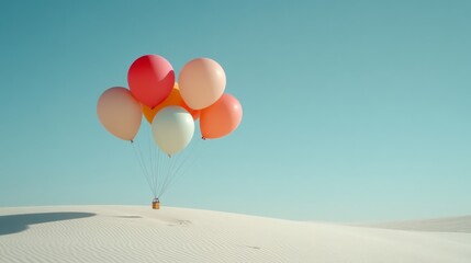Fototapeta premium A vibrant cluster of colorful balloons floats serenely above golden sand dunes under a clear, blue sky, evoking a sense of whimsy and adventure.