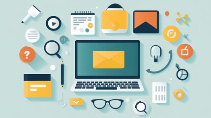 Laptop displaying email surrounded by various digital and office supplies.