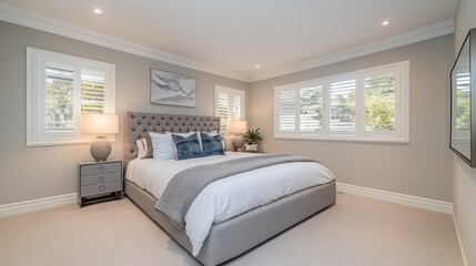 Minimalistic gray interior of a luxury bedroom with a plush gray bed, soft textures, and neutral lighting 