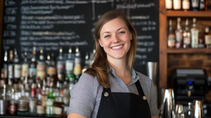 Smiling female bartender at a bar.