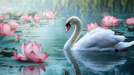 Elegant swan swims serene pond, pink lotuses, misty background; tranquility, peace