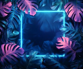 Obraz premium Neon blue rectangular frame on a dark background of palm leaves.