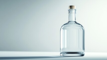 Empty clear glass bottle with cork stopper on white background.