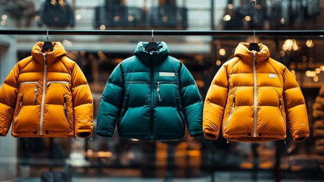 Colorful puffer jackets displayed in a modern retail store during the autumn season