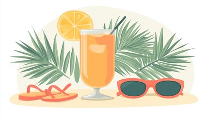 Orange juice, sunglasses, and flip-flops on a beach.