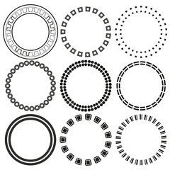 Round frame set. Circular decorative design. Geometric black outlines. Vector illustration.