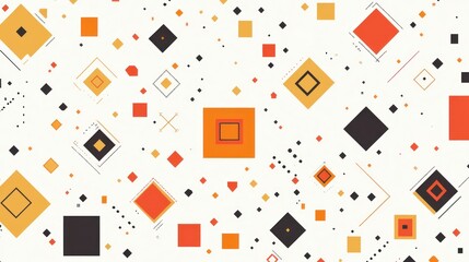 Abstract geometric pattern with orange, red, and black squares and diamonds on white background.