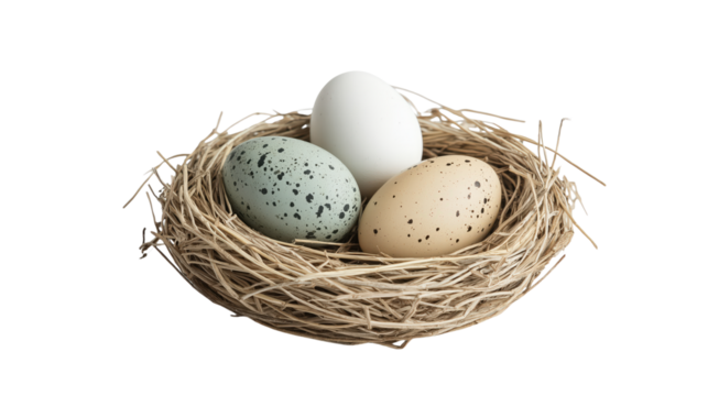 Three speckled bird eggs nestled in a rustic bird's nest, perfect for Easter, spring, or nature-themed designs.  Ideal for blogs, websites, greeting cards, and social media on white and transparent Ba