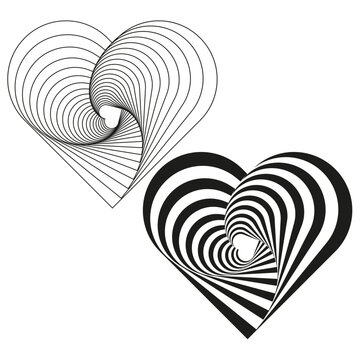 Abstract heart shapes. Black white pattern. Geometric curved lines. Vector illustration.
