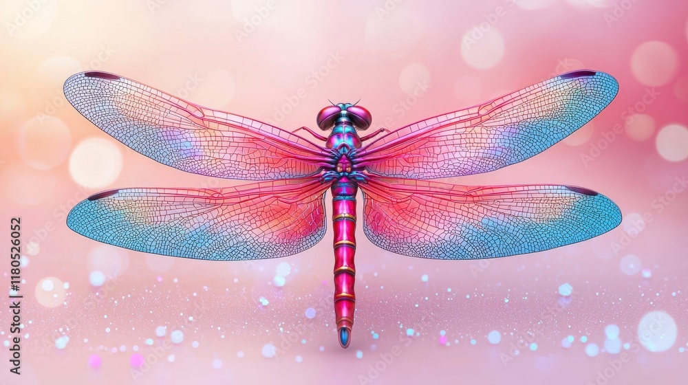 Poster vibrant colorful dragonfly with intricate wings on a soft bokeh background for artistic and nature t