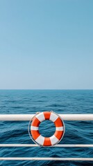 Naklejka premium Lifebuoy on ship railing, blue sea and sky in background.