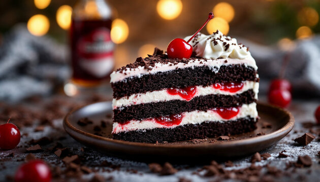 A slice of Black Forest cake with chocolate, cream, and cherry topping.