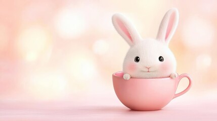 Cute White Bunny Sitting in a Pink Tea Cup on a Soft Pastel Background with Bokeh Effects