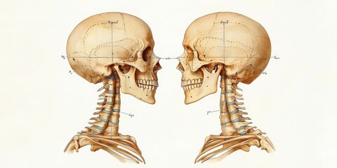 Anatomical Illustration of Human Skull Front and Side Views with Detailed Neck Structure