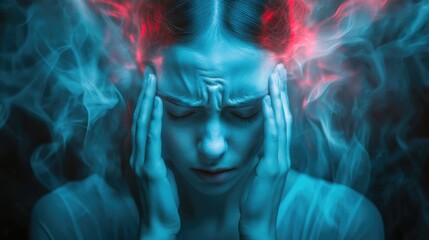 Naklejka premium Health disturbance: female dealing with disorientation, emphasizing physical, psychological aspects of dizziness, related to stress, medical conditions, emotional equilibrium, personal well-being.