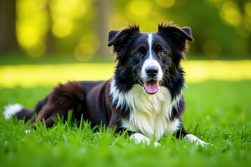 Fluffy border collie relaxing in lush green field, border collie, pet, landscape