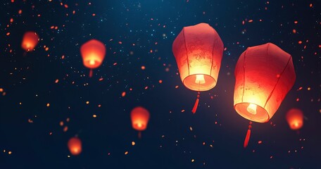 Red Chinese lanterns hanging in the night sky, festive New Year background. Red Chinese New Year lantern, side view. 