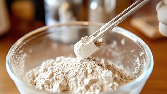 A close-up of titanium dioxide powder, a key ingredient in sunscreen, being measured.
