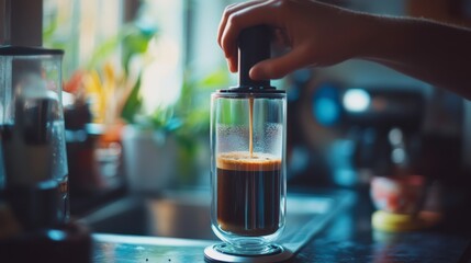 A hand expertly brews coffee with a glass press, surrounded by a cozy kitchen setting alive with morning light and steam.