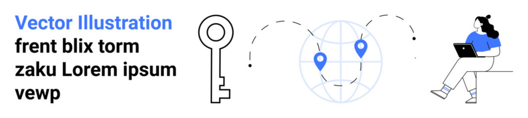 Key, globe with map pins, woman sitting with laptop, casual outfit. Ideal for travel, security, technology, remote work, navigation, online learning, connectivity concepts. Landing page
