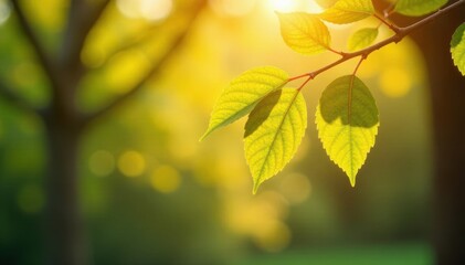 Obraz premium Fuzzy focus on sunlit tree leaves and branches, forest, trees