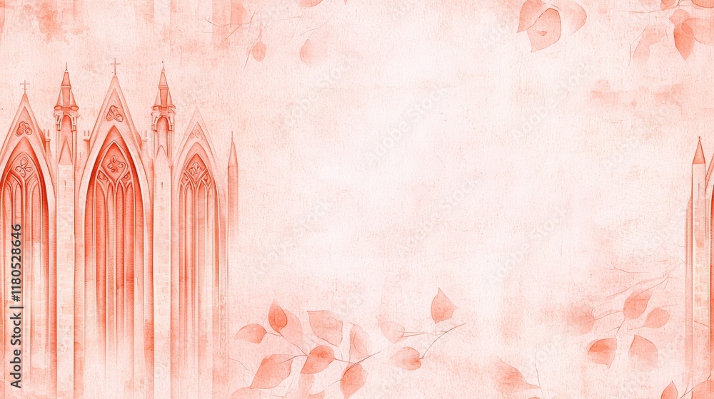 Poster soft coral background with gothic architectural elements and delicate leaf patterns for creative pro