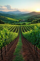 Fototapeta premium Vineyard rows, sunset, Tuscan hills.
