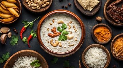 A festive dining table featuring a pot of freshly prepared kheer.