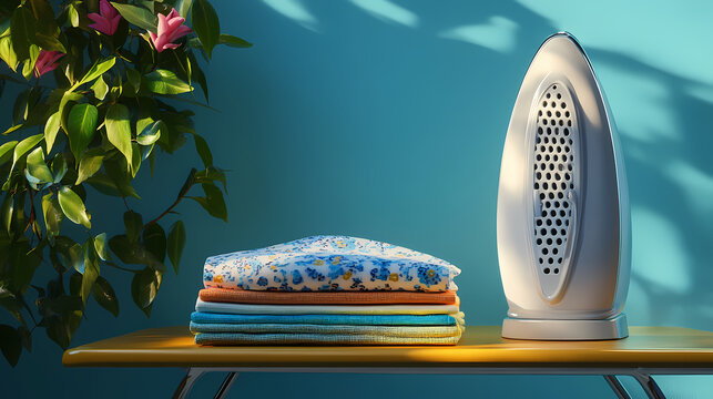 Modern iron on the ironing board near the ironed things in the stack 3d render on blue gradient , generated with artificial intelligance. Ironshade. Illustration