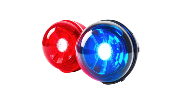 Close-up view of red and blue circular lights, perfect for technology, safety, or warning concepts. Ideal for websites, presetations, and digital designs on white and transparent Background