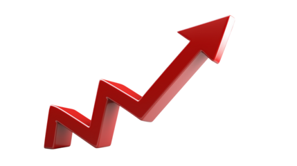 3D Red Arrow Graph Showing Growth and Success for Business Presentations and Marketing Materials on white and transparent Background