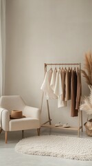Minimalist clothing rack with chair, hat, and pampas grass in a neutral room.