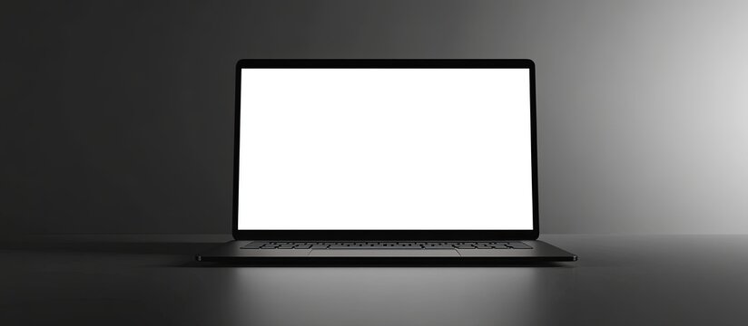 Minimalist laptop with a blank screen on gray surface.