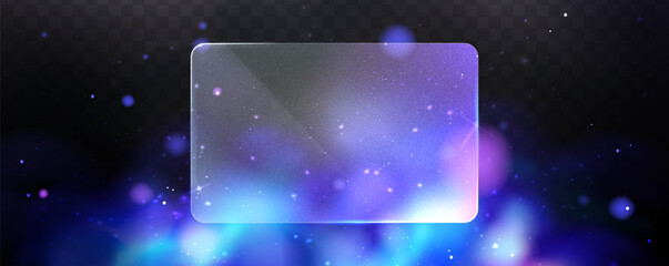 Blurred galaxy design with glowing particles .Illustration of blue abstract background with effect glass morphism. Frosted rectangular glass. 