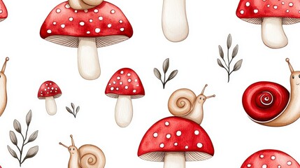 Charming watercolor pattern featuring cute mushrooms and playful snails on a white background