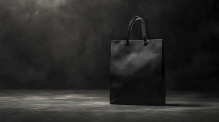 A solitary black paper bag on a dark background.