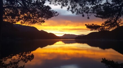 Obraz premium Mountain lake sunset reflection, fiery sky, tranquil scene, nature photography, postcard