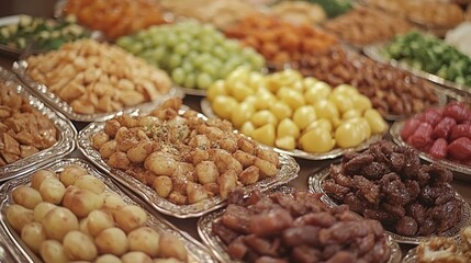 Fototapeta premium Buffet of various cooked and raw foods.