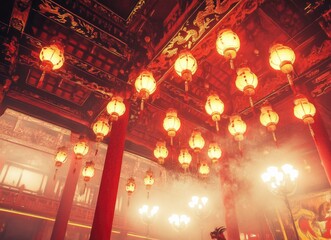 Obraz premium Red lanterns hanging in the temple at night, Chinese New Year background, real photo with high resolution. The ceiling of the place is decorated with red and yellow patterns. There were many people