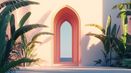 Tropical Paradise Archway Scene with Lush Greenery