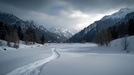 Fototapeta premium Winter wonderland: Stunning landscape blanketed in snow, capturing the serene beauty and tranquil atmosphere of a pristine winter scene with picturesque scenery and frosty