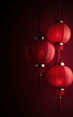 Obraz premium Red lanterns hanging on a dark red background, creating a Chinese New Year festival atmosphere. The style is minimalist, with a simple composition. The photography is high-resolution, with professiona