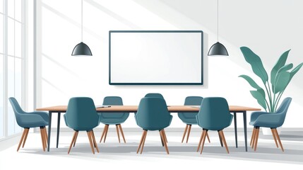 Modern minimalist conference room with large table, chairs, whiteboard, and plant.