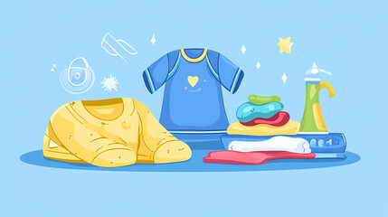 Clothes new ironed lying flat for little newborn boys on a blue background. Ironshade. Illustration