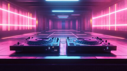 Neon-lit club dj setup, futuristic tunnel background, music event