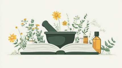Herbal medicine, mortar, pestle, book, flowers, essential oil, natural remedy.