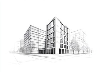 Fototapeta premium Architectural Design, Modern Building Sketch with Cityscape