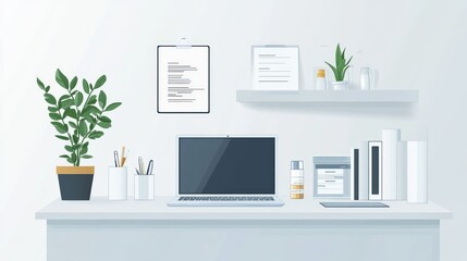 Obraz premium Minimalist workspace with laptop, plants, and documents.