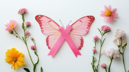 Pink ribbon butterfly surrounded by delicate flowers